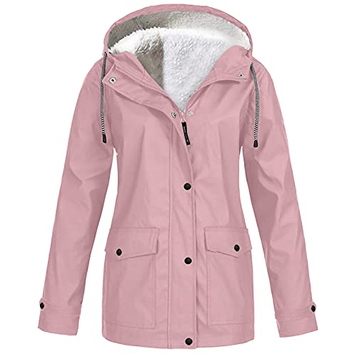 KOG Winterjacke Damen Fleecejacke Wasserdicht Regenjacke Regenmantel Windbreaker mit Kapuze Warme Outdoor Jacken Fahrradjacke Regenjacken Windjacke Wanderjacke Rosa M von KOG