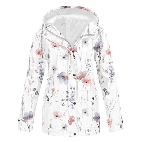 KOG Winterjacke Damen Fleecejacke Wasserdicht Regenjacke Regenmantel Windbreaker mit Kapuze Warme Outdoor Jacken Fahrradjacke Regenjacken Windjacke Wanderjacke Angebote Weiß 3XL von KOG