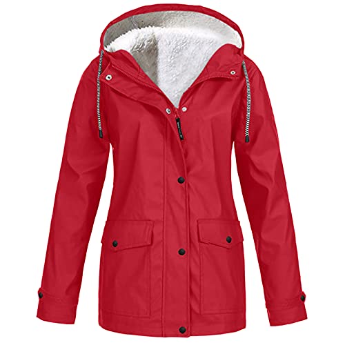 KOG Winterjacke Damen Fleecejacke Wasserdicht Regenjacke Regenmantel Windbreaker mit Kapuze Warme Outdoor Jacken Fahrradjacke Regenjacken Windjacke Wanderjacke Rot XL von KOG