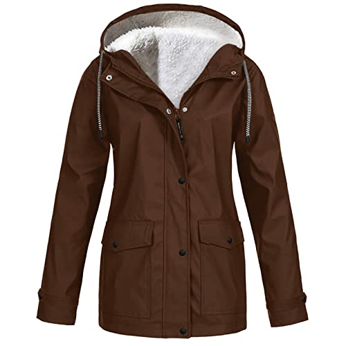 KOG Winterjacke Damen Fleecejacke Wasserdicht Regenjacke Regenmantel Windbreaker mit Kapuze Warme Outdoor Jacken Fahrradjacke Regenjacken Windjacke Wanderjacke Gutscheine Braun 5XL von KOG