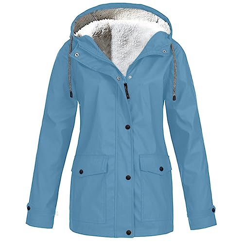 KOG Winterjacke Damen Fleecejacke Wasserdicht Regenjacke Regenmantel Windbreaker mit Kapuze Warme Outdoor Jacken Fahrradjacke Regenjacken Windjacke Wanderjacke Blau 5XL von KOG