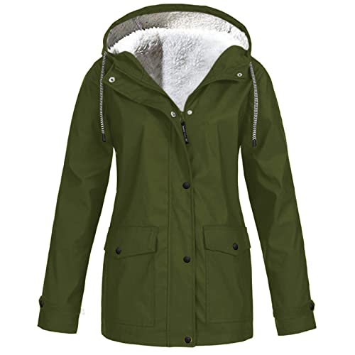 KOG Winterjacke Damen Fleecejacke Wasserdicht Regenjacke Regenmantel Windbreaker mit Kapuze Warme Outdoor Jacken Fahrradjacke Regenjacken Windjacke Wanderjacke Warehouse Deal Armeegrün S von KOG