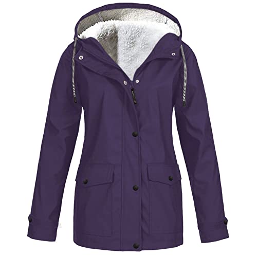 KOG Winterjacke Damen Fleecejacke Wasserdicht Regenjacke Regenmantel Windbreaker mit Kapuze Warme Outdoor Jacken Fahrradjacke Regenjacken Windjacke Wanderjacke Lila S von KOG