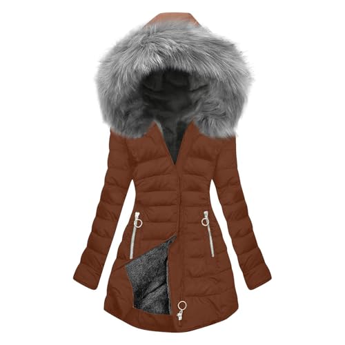 KOG Winterjacke für Damen Dufflecoat Winter Wintermantel Baumwolle Bikerjacke Einfarbig Bekleidung Warmes Strickjacke Mode Hoodie Frauen Cordjacke Braun L von KOG