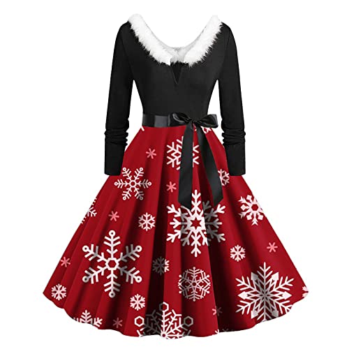 KOG Weihnachtskleid für Damen Elegant Langarm Vintage Weihnachtskleider Damen Midi Kleider Damen Jeanskleid Kleid Frauen Elegante Kleider Christmas Dresses Rot Meine Bestellungen Anzeigen Rot S von KOG