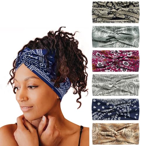 Bandana-Stirnbänder für Damen, breit, gewellt, Kopftuch, Turban-Stoff, elastisches Stirnband, Yoga, Haarbänder, Sport, Laufen, Kopftücher (Spleißen), 6 Stück von KOGMMYSEVP