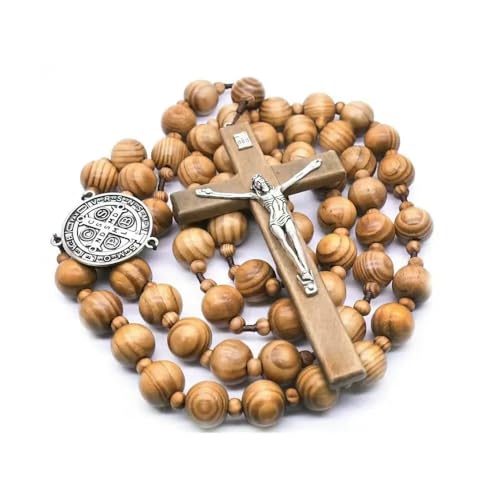 KOGMMYSEVP 20 mm Holzperlen Wand Rosenkranz Großes Gebet Jesus Rosenkranz 72 cm lange Kette großer Kreuzanhänger Halskette, 72+36 cm von KOGMMYSEVP