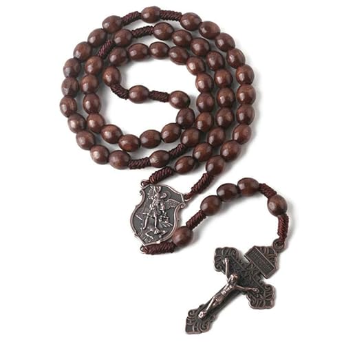 KOGMMYSEVP Beliebte religiöse Schmuckstücke, 8 x 10 mm Holzperlen, Gebetsketten, antikes verkupfertes Heiligen-Michael-Rosenkranz, 17.7inches von KOGMMYSEVP