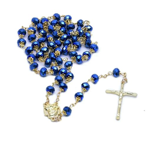 KOGMMYSEVP Blue Beads Gold Rosenkranz Blumen Perlen Halskette Miraculous Heart Medaillon & Kreuz Halskette für Frauen, 55,9 cm (22 zoll) von KOGMMYSEVP