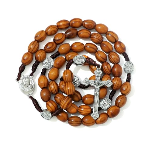 KOGMMYSEVP Brauner Holz-Rosenkranz mit Erde, Jesus-Kreuz, Our Lady, Legierung, geflochtenes Seil, Halskette, religiöser Schmuck, Herren und Damen von KOGMMYSEVP