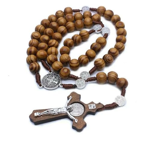 KOGMMYSEVP Christliche Medaille Kreuz religiöses Gebet Chaplet String Handgefertigte Holzperlen Rosenkranz Halskette, 59 cm von KOGMMYSEVP