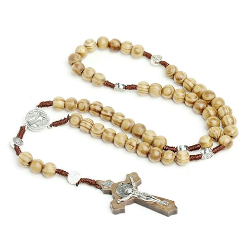 KOGMMYSEVP Christliche Rosenkranz-Halsketten aus Holz, 10 mm, für Damen und Herren, Kruzifix, Kreuz-Anhänger, Kette, Religion, Gebet, Schmuck, 44cm+14.5cm von KOGMMYSEVP