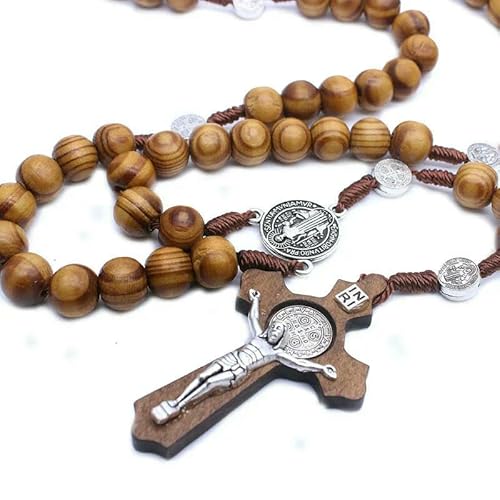 KOGMMYSEVP Handgefertigte Holzperlen Kreuz Rosenkranz Halskette Kreuz Halskette Christliche Gebetskette Religiöser Schmuck von KOGMMYSEVP