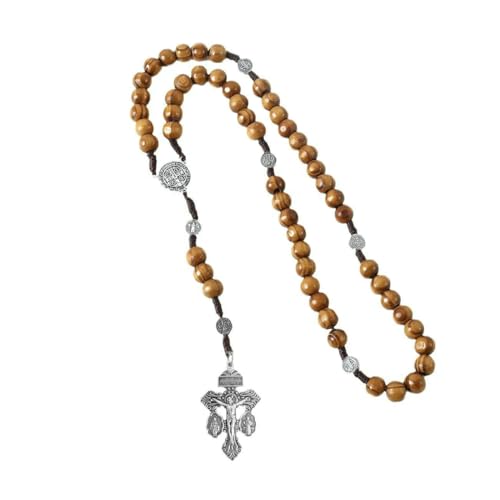 KOGMMYSEVP Handgefertigte Holzperlen gewebte Seillegierung Jesus Kreuz Rosenkranz Anhänger Halskette Wundermedaille Heiliger Schmuck, 46 cm von KOGMMYSEVP