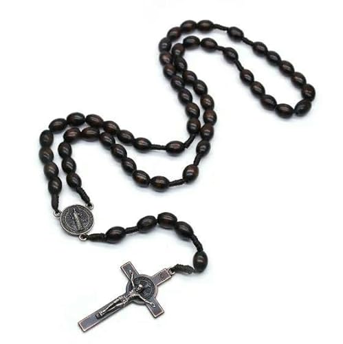 KOGMMYSEVP Handgefertigte Rosenkranz-Halskette mit Holzperlen, Heilige Medaille, Jesus-Kreuz, religiöser Schmuck, Weihnachten, 55,9 cm (22 zoll) von KOGMMYSEVP