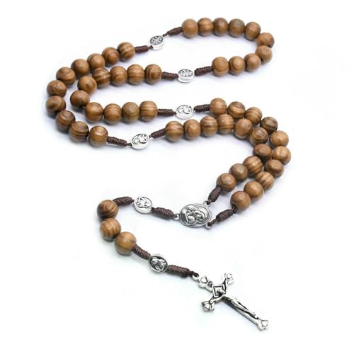 KOGMMYSEVP Handgefertigte geflochtene katholische Holzperle Rosenkranz Halskette religiöses Kreuz Kruzifix Jesus Anhänger Halskette für Unisex von KOGMMYSEVP