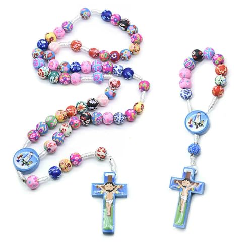 KOGMMYSEVP Handgefertigtes Kinder-Rosenkranz-Halsketten-Armband-Set aus buntem Ton, Heiliges Christus-Kreuz, Gebetskette,, Religious von KOGMMYSEVP
