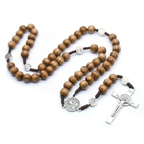 KOGMMYSEVP Holz-Rosenkranz-Halskette, Katholizismus, religiöse Gebetsperlen, Goldkreuz, Holzkette, Holzschmuck für Frauen [Holz] von KOGMMYSEVP