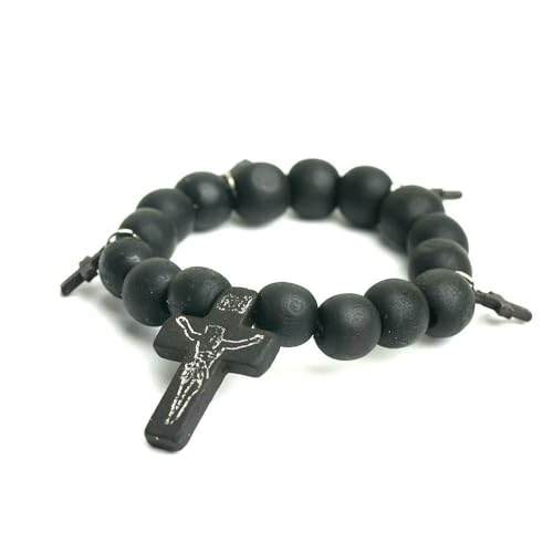 KOGMMYSEVP Jesus Christus schwarze Holzperlen elastisch religiöses Gebetskreuz Armband Kirche Rosenkranz Erinnerung Ostern Pfingsten Rituale, 18 cm von KOGMMYSEVP