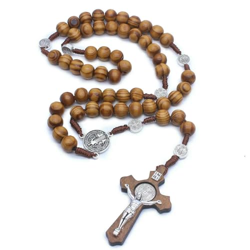 KOGMMYSEVP Rosenkranz-Halskette, 10 mm, künstliches Olivenholz, natürliches Kiefernholz, handgefertigt, Jesuskreuz und Perlen, Verbindung, about42cm von KOGMMYSEVP