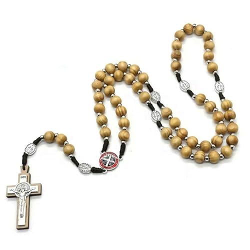KOGMMYSEVP Rosenkranz-Halskette aus Naturholz, handgewebte Holzperlen, Schmuck, Edelstahl-Kreuz-Anhänger, Schmuck, 61 cm von KOGMMYSEVP