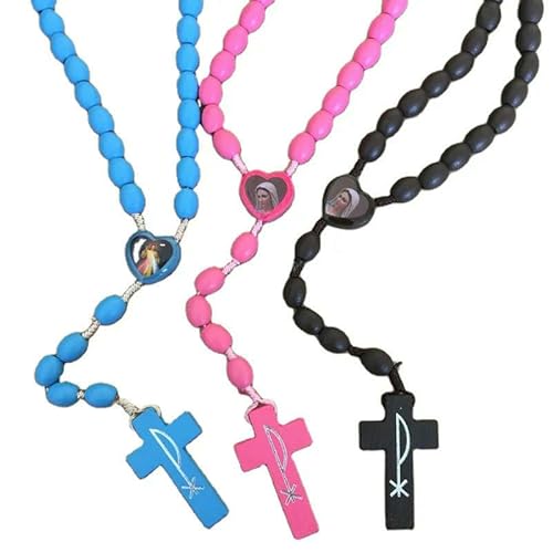 KOGMMYSEVP Rosenkranz mit ovalen Holzperlen, 8 mm, rosafarben, religiöser Rosenkranz mit Herzform, 10 Stück, 46 cm von KOGMMYSEVP