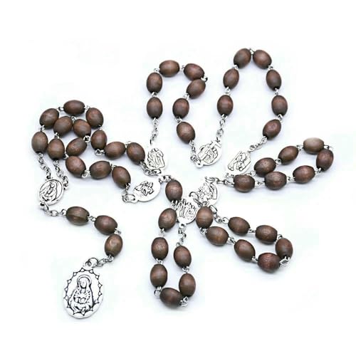 KOGMMYSEVP Seven Sorrow Rosenkranz mit ovalen Holzperlen Rosenkranz mit Jungfrau Maria Rosenkranz Katholizismus Religiös [Hellbraun] von KOGMMYSEVP