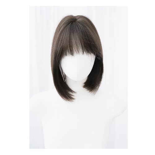 Damen Perücke Gewebte Pony Perücke Täglich Natürlich Kurz Gerade Haar Französisch Stil Pony Vollkopf Perücke Spitze Perücken von KOHUS