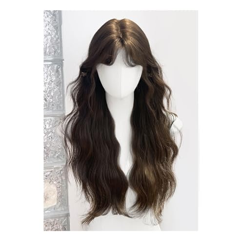 Damen Perücke Koreanischen Stil Tägliche Reise Wolle Lockige Perücke Lange Haare Mittelscheitel Pony Vollkopf Perücke Spitze Perücken von KOHUS