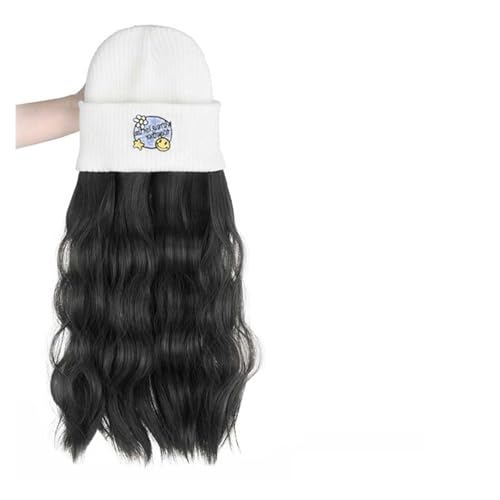 Hut Perücke Weiße Strickmütze mit Haarperücken für Damen Synthetische lange lockige Haarkappe Natürliche Schwarzbraune Haarverlängerung Falsches Haar Perücke Kappe(C) von KOHUS