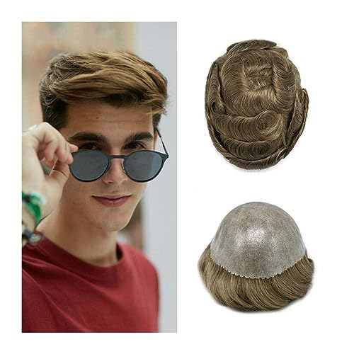 Kahlheit abdeckung perücke Toupet für Männer Menschliches Haar 0,1-0,12mm Transparent Injiziert PU Haut Männlichen Toupet Haarteil Natürliche Haaransatz Medium blonde Männer Haar Ersatz System Tou von KOHUS