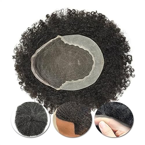 Perücke, Afro-Perücke, lockiges Haartoupet für Herren, Schweizer Spitze und PU-Hautbasis, lockiges Haarsystem, 4–25 mm, gelockt, natürliches schwarzes indisches Echthaar, Herren-Toupet (6 mm, Farbe von KOHUS