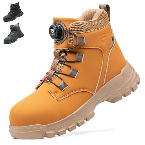 KOIFISH Sicherheitsstiefel Herren Damen Leicht Arbeitsschuhe Hoch Sicherheitsschuhe Rutschfest Drehverschluss Stahlkappenschuhe Gelb 39 von KOIFISH