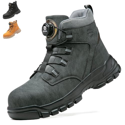 KOIFISH Sicherheitsstiefel Herren Damen Leicht Arbeitsschuhe Hoch Sicherheitsschuhe Rutschfest Drehverschluss Stahlkappenschuhe Grau 45 von KOIFISH