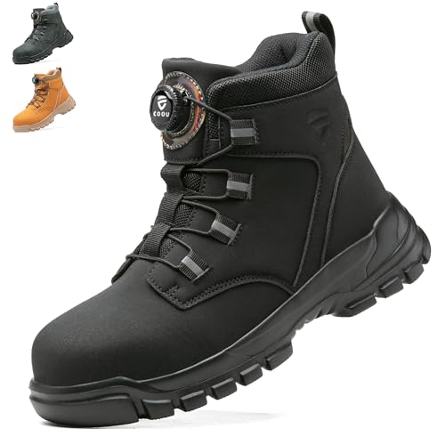 KOIFISH Sicherheitsstiefel Herren Damen Leicht Arbeitsschuhe Hoch Sicherheitsschuhe Rutschfest Drehverschluss Stahlkappenschuhe Schwarz 43 von KOIFISH
