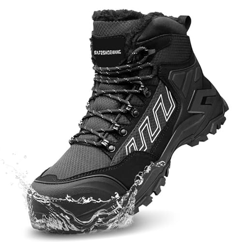 KOIFISH Sicherheitsstiefel Herren Damen Winter Wasserdicht Arbeitsschuhe mit Kompossitkappe Antistatisch Sicherheitsschuhe Hoch Leicht Arbeitsstiefel Rutschfest Warm Gefütterte S2506JR/Schwarz 44 von KOIFISH