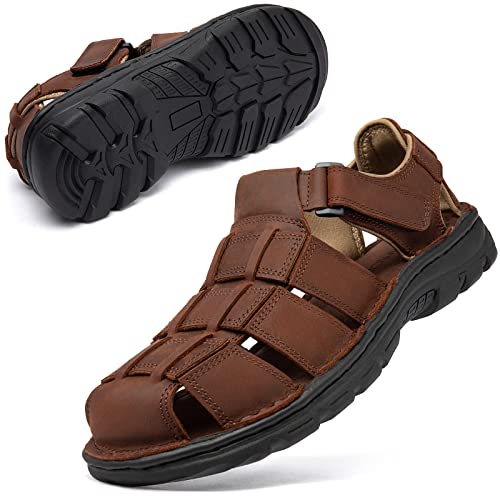 KOIMED Herren Wandern Leder Sandalen Geschlossene Zehe Wasser Schuhe Für Sommer Athletic Outdoor Walking Sport Trail Fluss Angeln Breit Einstellbar Wasserdicht Arch Unterstützung, Fisherman Leder von KOIMED