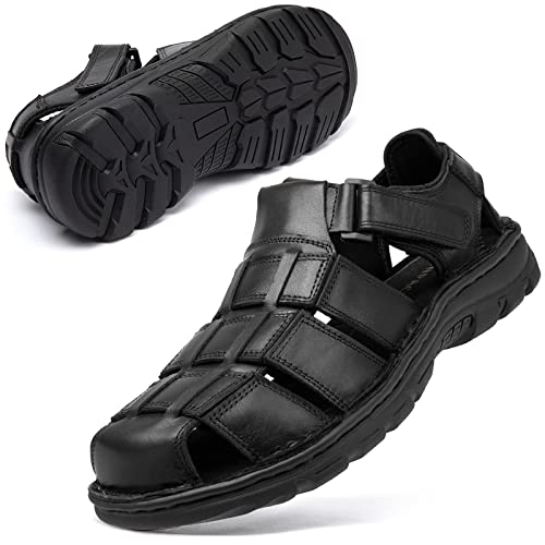 KOIMED Herren Wandern Leder Sandalen Geschlossene Zehe Wasser Schuhe Für Sommer Athletic Outdoor Walking Sport Trail Fluss Angeln Breit Einstellbar Wasserdicht Arch Unterstützung, Fisherman Leder - von KOIMED