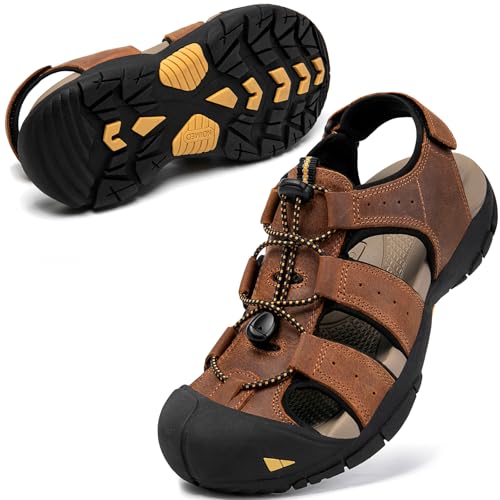 KOIMED Herren Wandern Leder Sandalen Geschlossene Zehe Wasser Schuhe Für Sommer Athletic Outdoor Walking Sport Trail Fluss Angeln Breit Einstellbar Wasserdicht Arch Unterstützung, Walking Style - von KOIMED