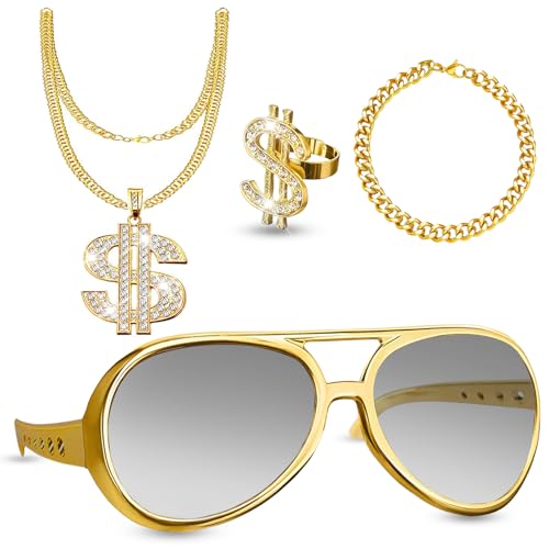 4 Stück Dollar Kette Set, Hip Hop Hop Rapper Zubehör, Dollar Kette, Zuhälter Kostüm, Goldkette, Sonnenbrille, Goldring, Dollar Anhänger Kette, 80er 90er Jahre Zuhälter Kostüm für Karneval von KOIROI