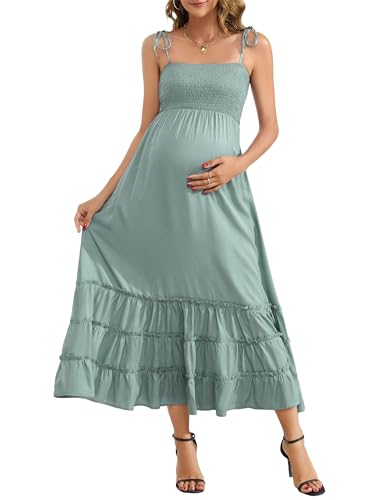 KOJOOIN Ärmelloses Umstandskleid Damen Sommer Spaghettiträger gesmoktes gestuftes fließendes Maxikleid für Babyparty Fotoshooting, Salbeigrün, Mittel von KOJOOIN