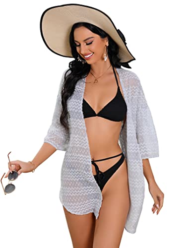 KOJOOIN Bikini Cover Up Damen Sommer Pareos Strandponcho Cardigan Beach Strandkleid Damen Strandmode Vertuschen Shirt für Urlaub Grau L von KOJOOIN