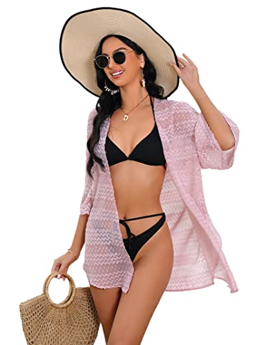 KOJOOIN Bikini Cover Up Damen Sommer Pareos Strandponcho Cardigan Beach Strandkleid Damen Strandmode Vertuschen Shirt für Urlaub Rosa L von KOJOOIN