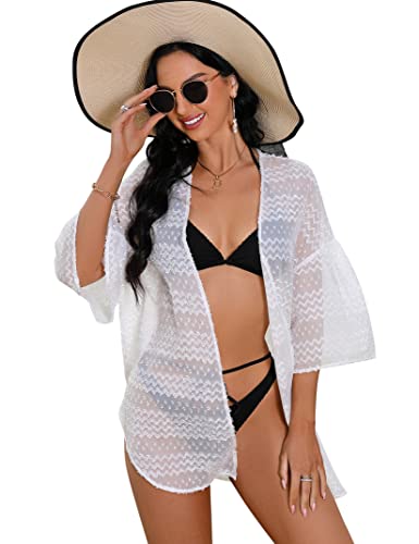 KOJOOIN Bikini Cover Up Damen Sommer Pareos Strandponcho Cardigan Beach Strandkleid Damen Strandmode Vertuschen Shirt für Urlaub Weiß XXL von KOJOOIN