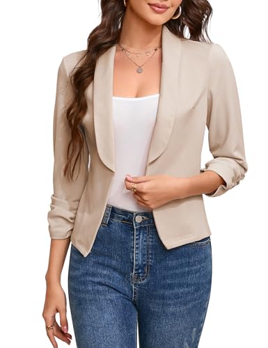 KOJOOIN Blazer Damen 3/4 Arm Jacke Leicht Business Büro Blazer Casual mit Faltigen Ärmeln Slim Fit Blazerjacke Elegant Outwear Open Front Bolero Jacke Aprikose L von KOJOOIN