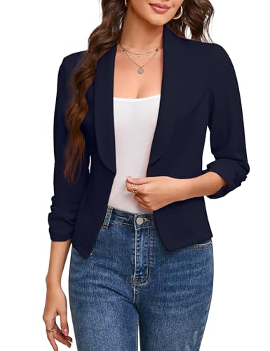 KOJOOIN Blazer Damen 3/4 Arm Jacke Leicht Business Büro Blazer Casual mit Faltigen Ärmeln Slim Fit Blazerjacke Elegant Outwear Open Front Bolero Jacke Dunkelblau M von KOJOOIN