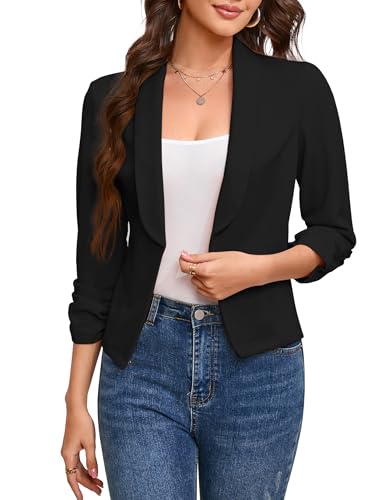 KOJOOIN Blazer Damen 3/4 Arm Jacke Leicht Business Büro Blazer Casual mit Faltigen Ärmeln Slim Fit Blazerjacke Elegant Outwear Open Front Bolero Jacke Schwarz XL von KOJOOIN