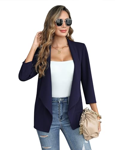KOJOOIN Blazer Damen Elegant Sportlich 3/4 Ärmel Business Blazerjacke Open Front Dunkelblau XXL von KOJOOIN