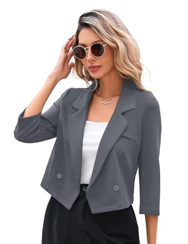 KOJOOIN Blazer Damen Leicht Cropped Business Blazerjacke Casual Offene Blazer 3/4 Ärmel kurz Arbeit Büro Jacke Grau M von KOJOOIN