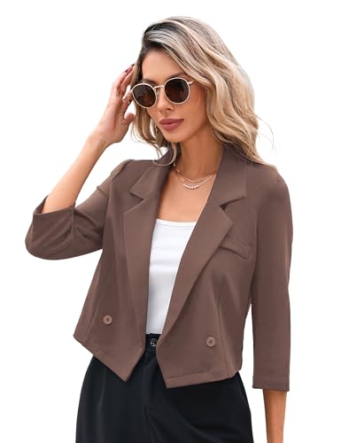 KOJOOIN Blazer Damen Leicht Cropped Business Blazerjacke Casual Offene Blazer 3/4 Ärmel kurz Arbeit Büro Jacke Khaki XL von KOJOOIN